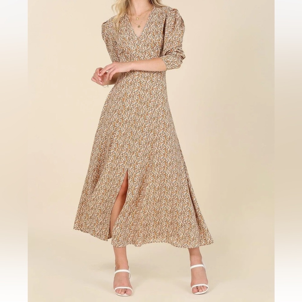 Lilou Women's Cream / Tan/ Beige  Floral Maxi Dress Size Large New Tag - Reemoly